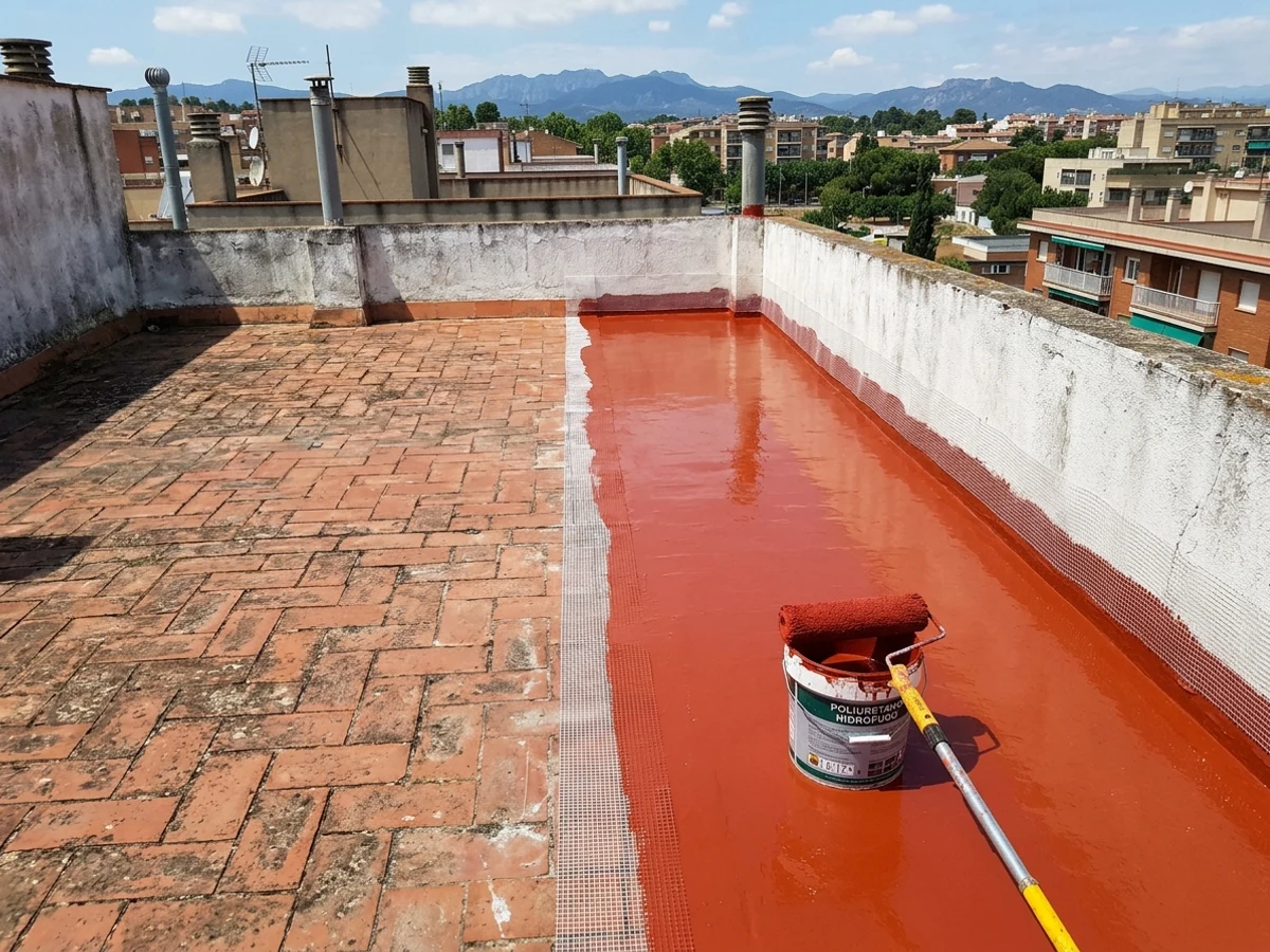 Antes y después de impermeabilización de terraza transitable con poliuretano líquido en Sabadell